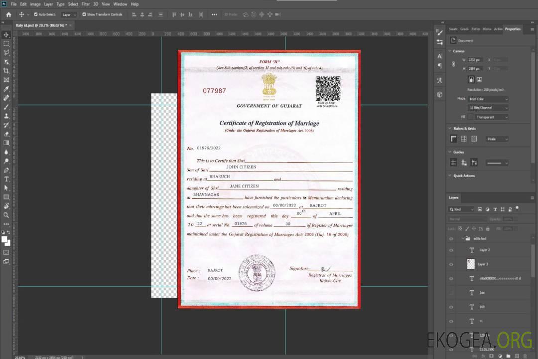 Modèle de certificat de mariage du gouvernement indien du Gujarat au format PSD template